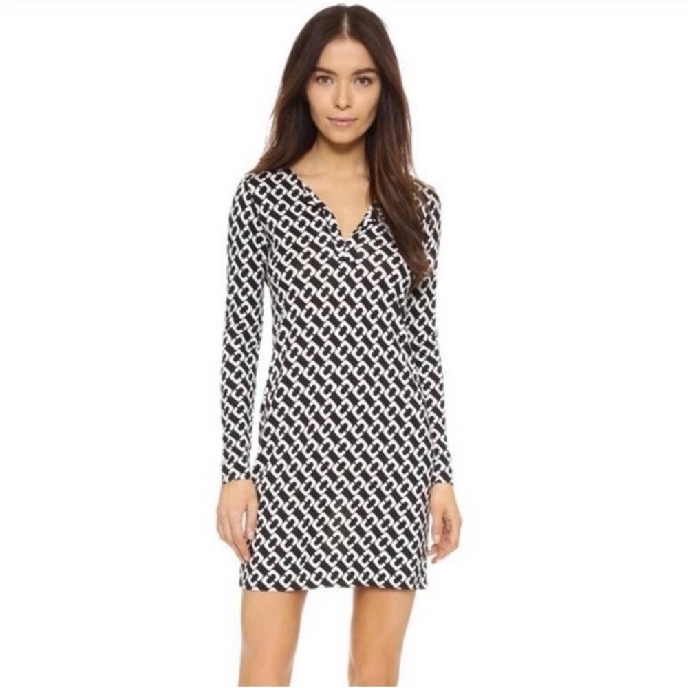 DVF Diane Von Furstenberg Dress Size 4 Black White Chain Link Silk - Picture 15 of 16